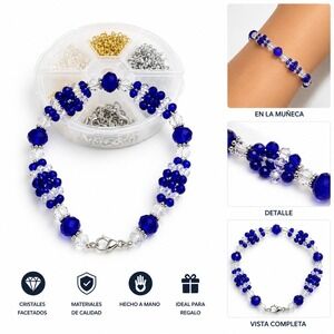 Handmade Faceted Crystal Beaded Bracelet Cobalt Blue Clear Silver Clasp 7.5in